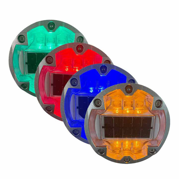 Rodillos de carretera LED solares incrustados de aluminio redondo LED intermitente de ojos de gato Marcadores de carretera